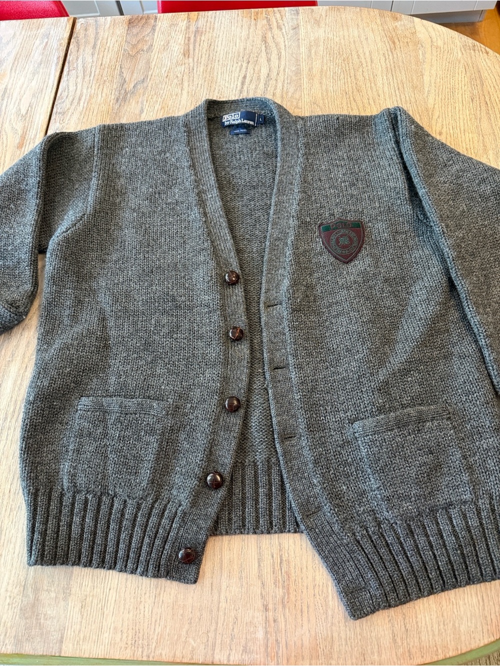 Ralph Lauren Gray Knit Wool Cardigan with Crest